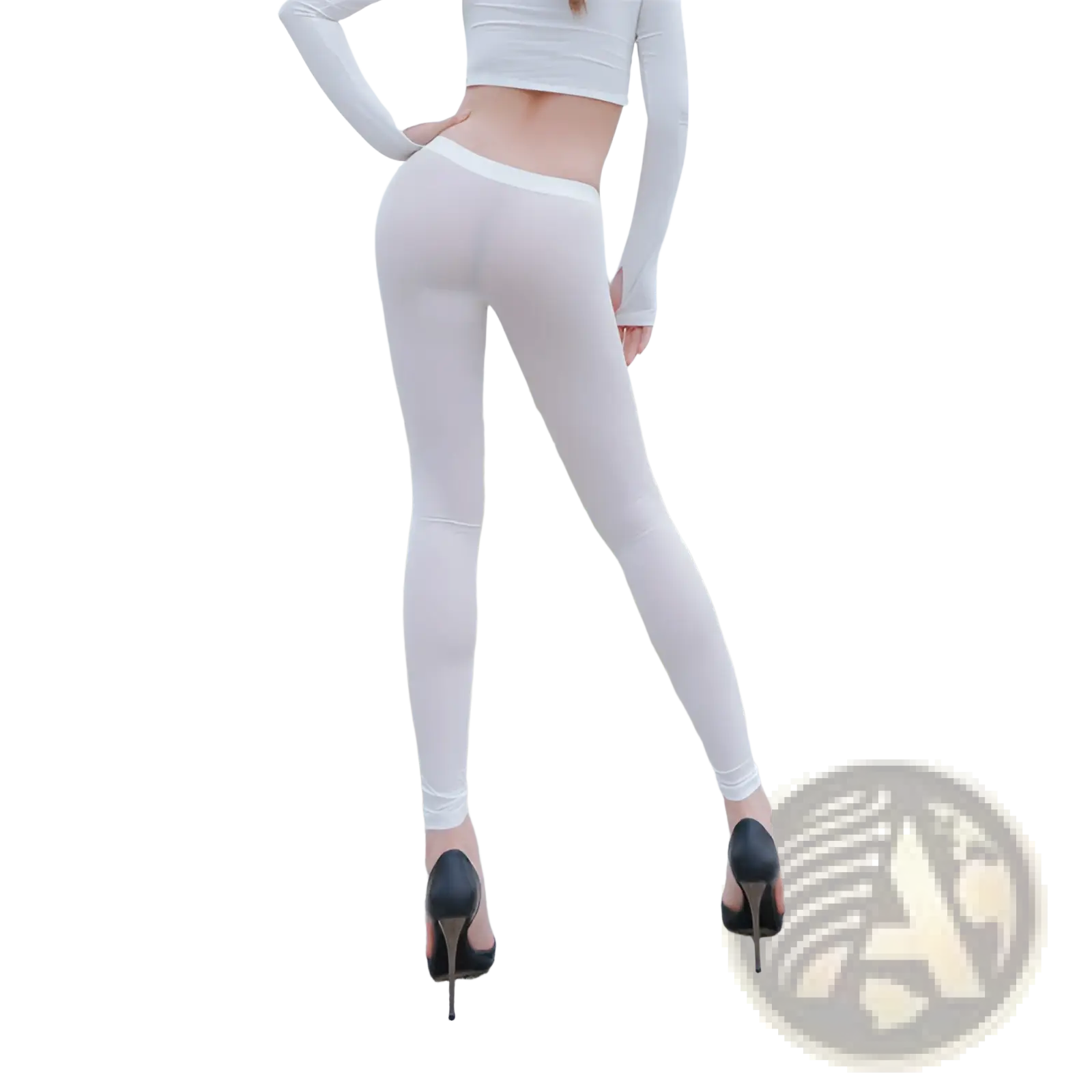 White sheer high waisted leggings with a snug, form-fitting design made of solid color casual fabric
