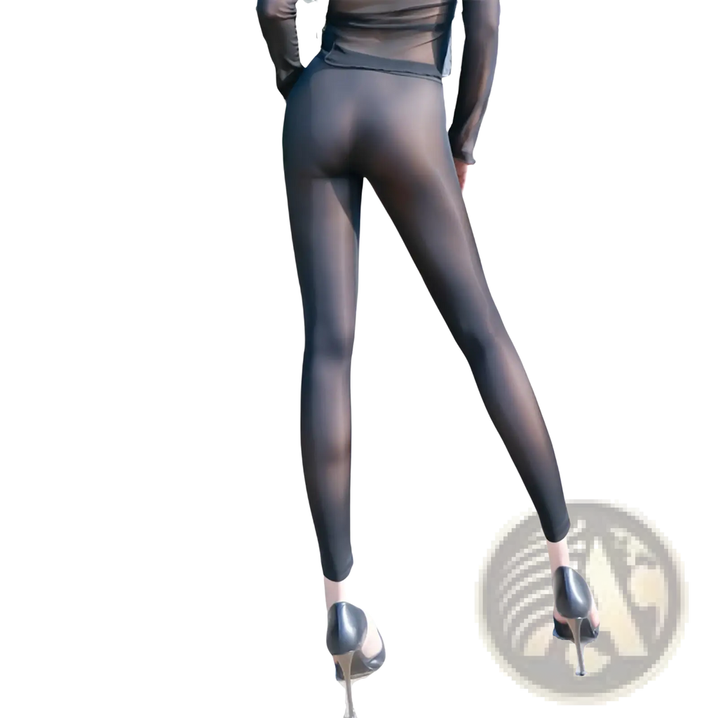 Black sheer high waisted leggings with a smooth form fitting design made of solid color casual material