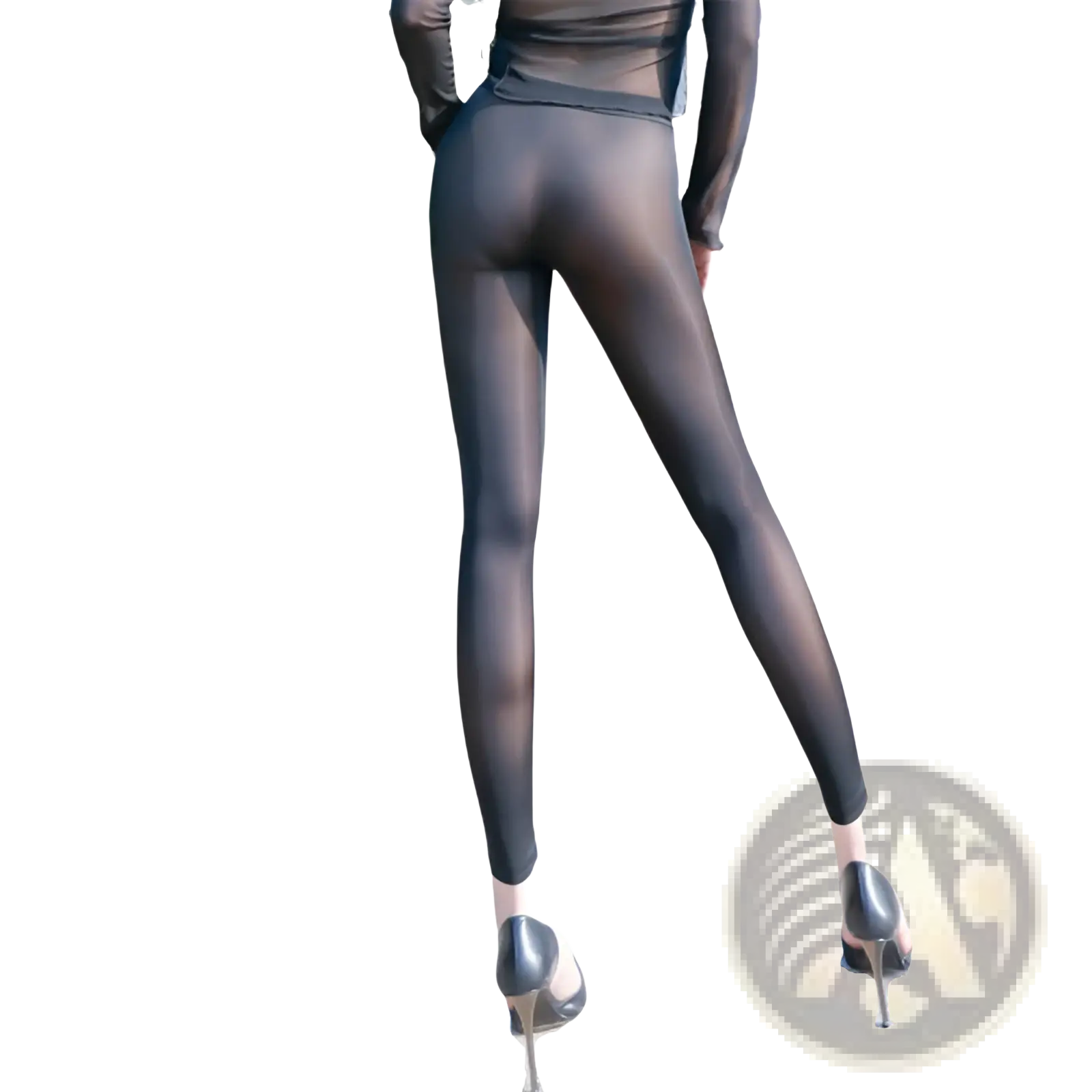 Black sheer high waisted leggings with a smooth form fitting design made of solid color casual material