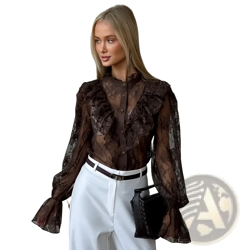 A sheer brown lace blouse with ruffled sleeves and a button-down front for summer wear
