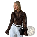 A sheer brown lace blouse with ruffled sleeves and a button-down front for summer wear