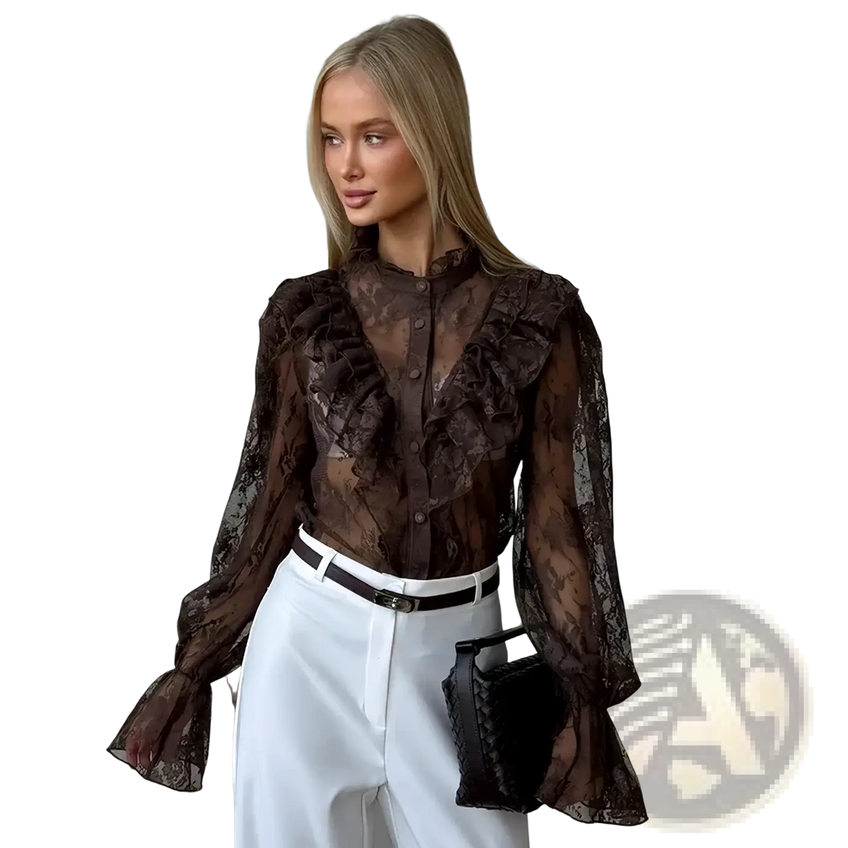 A sheer brown lace blouse with ruffled sleeves and a button-down front for summer wear