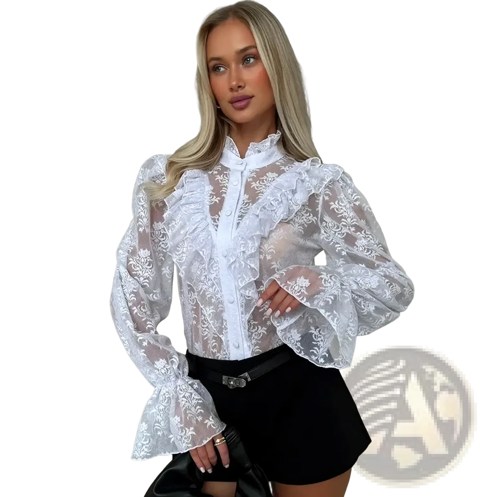 White lace blouse with intricate floral patterns and voluminous ruffled sleeves for summer wear