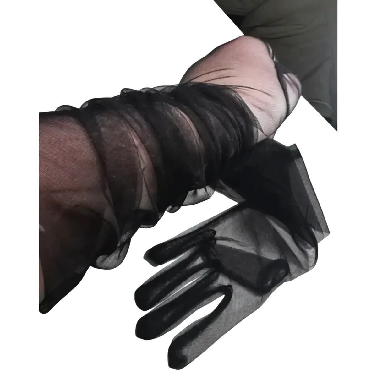 Black sheer long mesh gloves for women with ruched cuffs shown from the back side