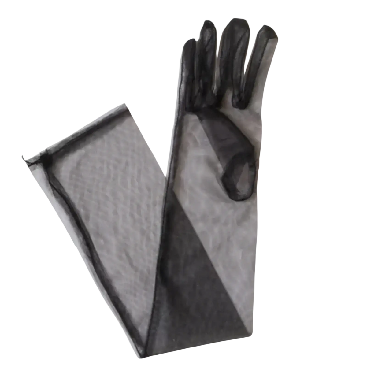 Sheer long mesh gloves for women in black featuring a subtle textured pattern and reinforced fingertips shown from the back