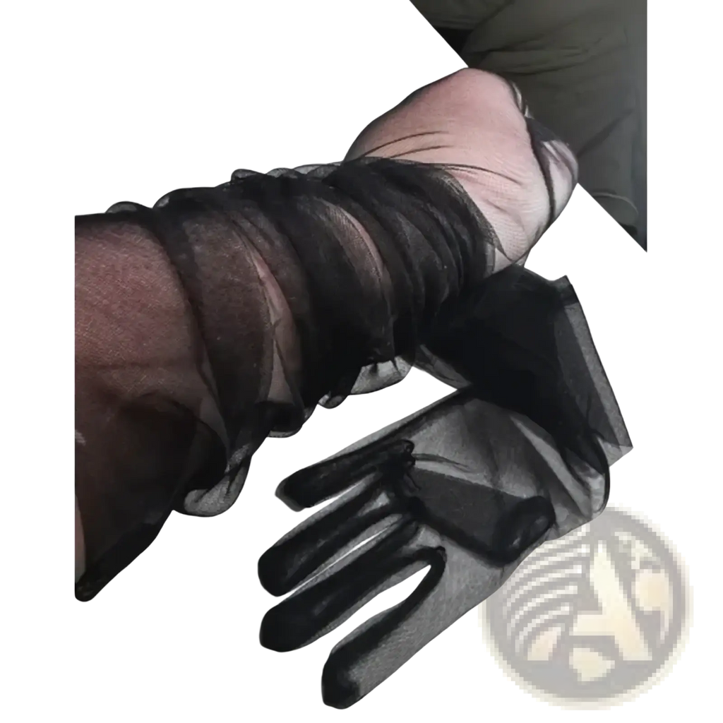 Black sheer long mesh gloves for women with ruched cuffs shown from the back side
