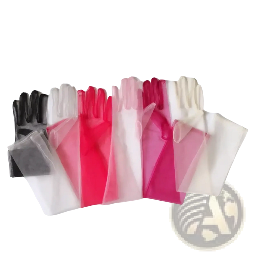 Sheer long mesh gloves for women in translucent black white pink and red showcasing delicate fabric texture