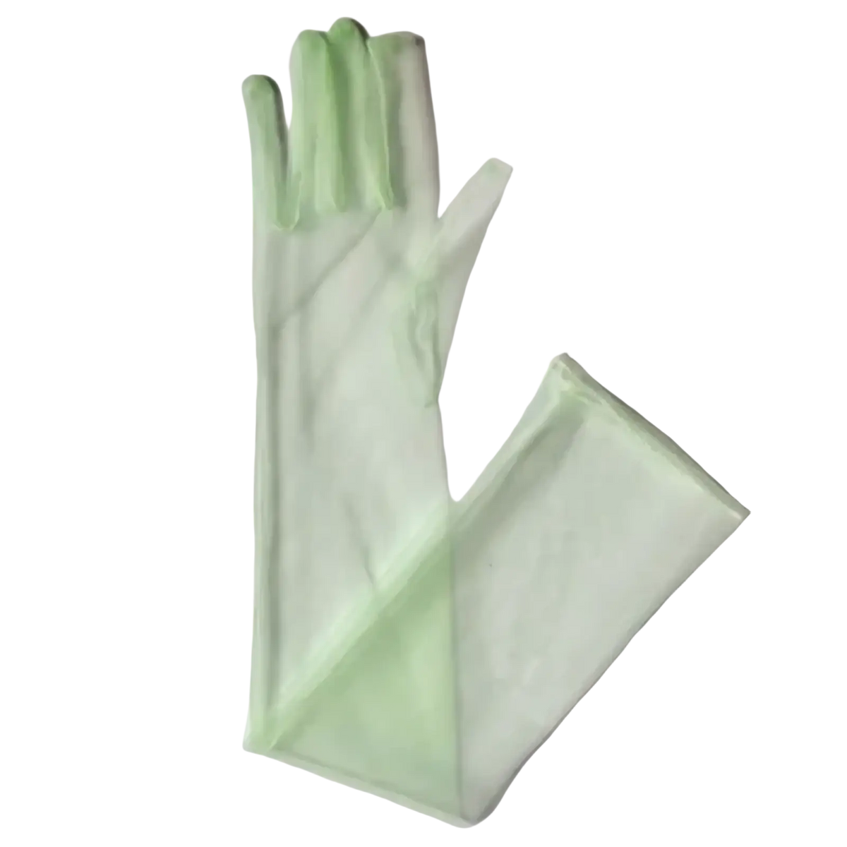 Sheer long mesh gloves for women in pale green with delicate smooth translucent fabric and neatly stitched edges