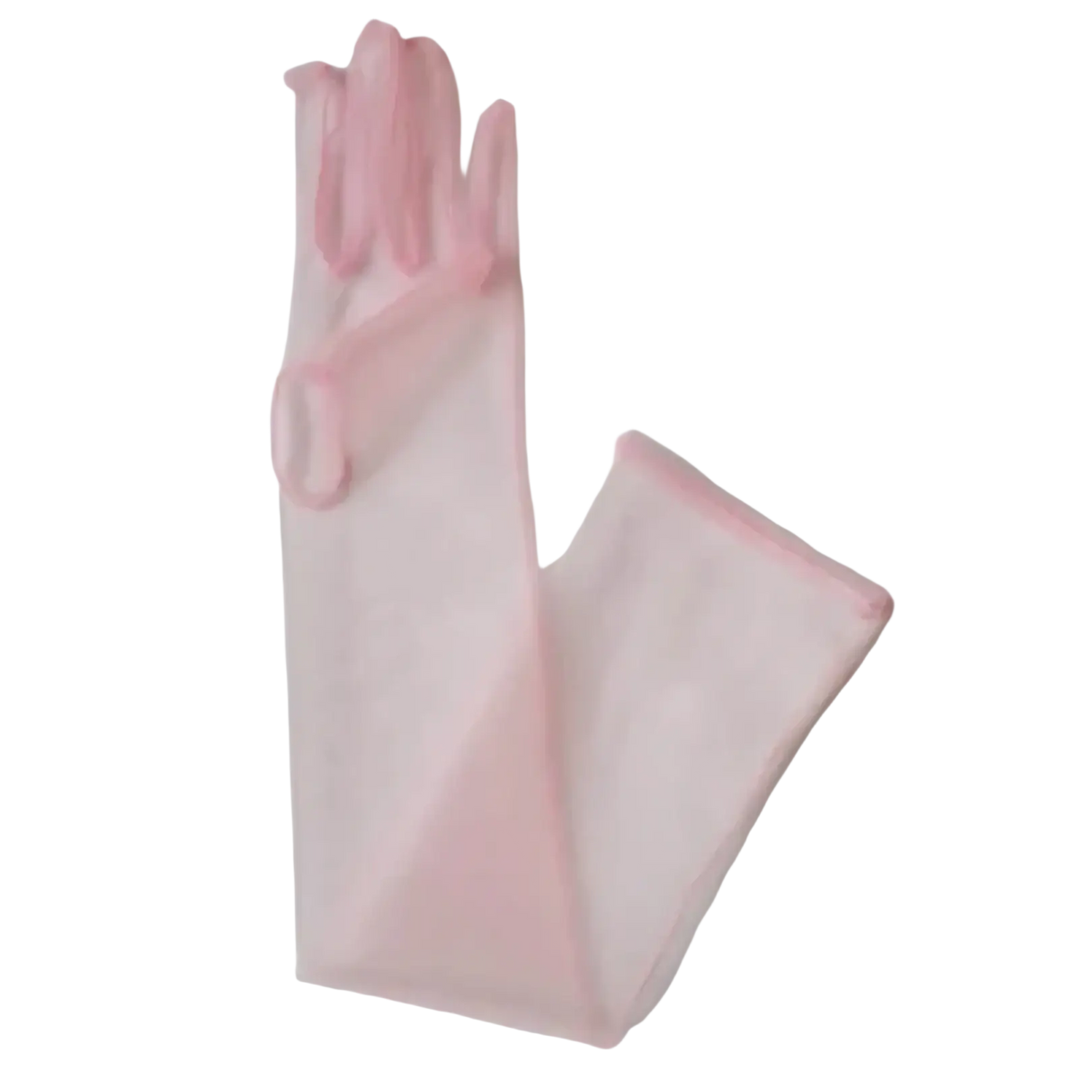 Sheer long mesh gloves for women featuring delicate translucent pink mesh with soft satin trim along the edges