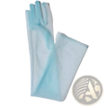 A pair of delicate light blue sheer long mesh gloves for women with a soft flowing texture