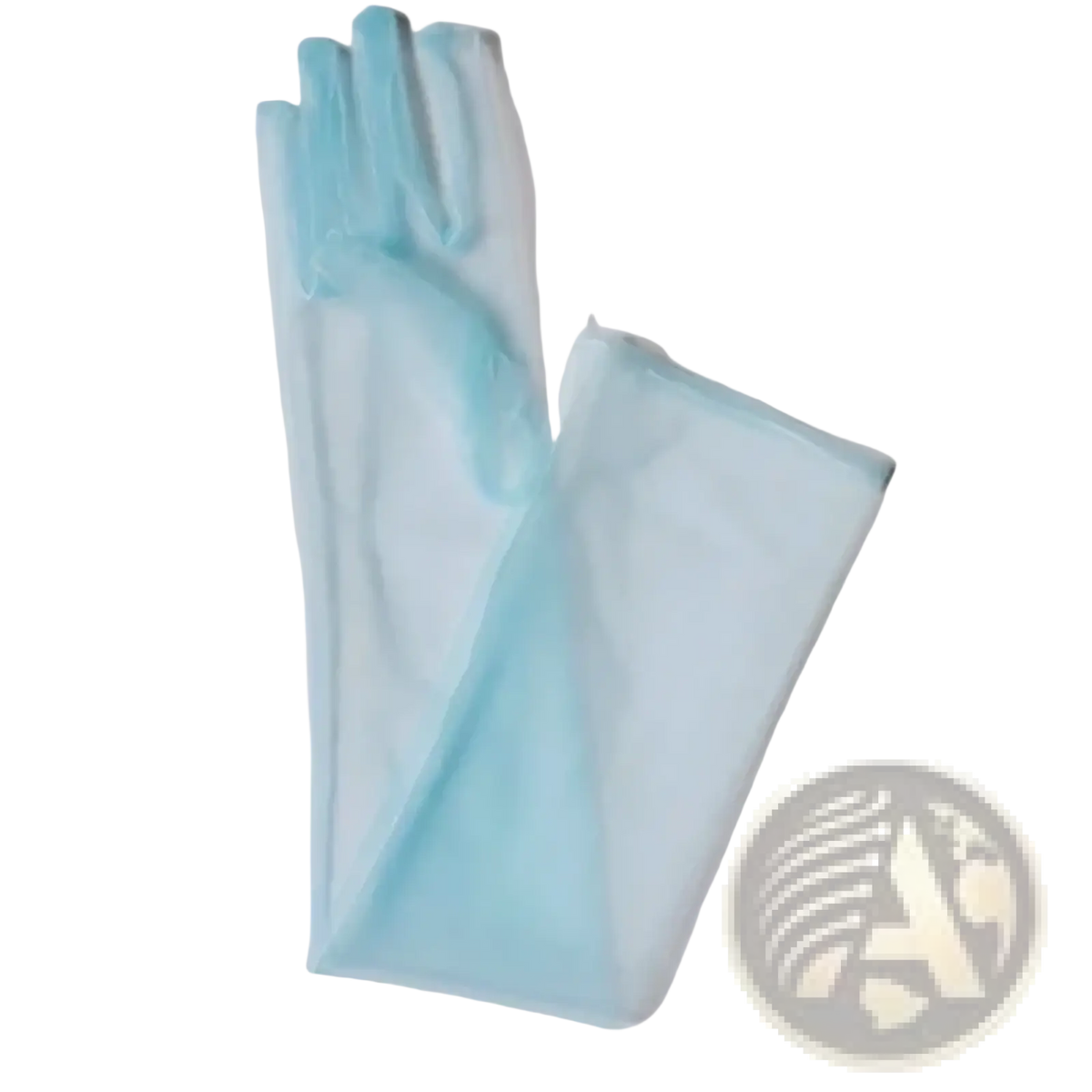 A pair of delicate light blue sheer long mesh gloves for women with a soft flowing texture