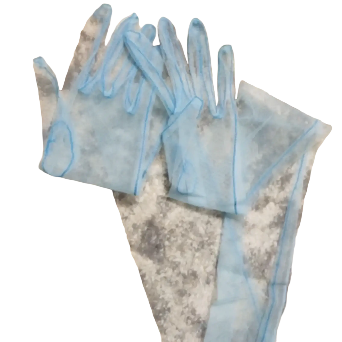 Sheer long mesh gloves for women in light blue translucent material with visible stitching along the edges