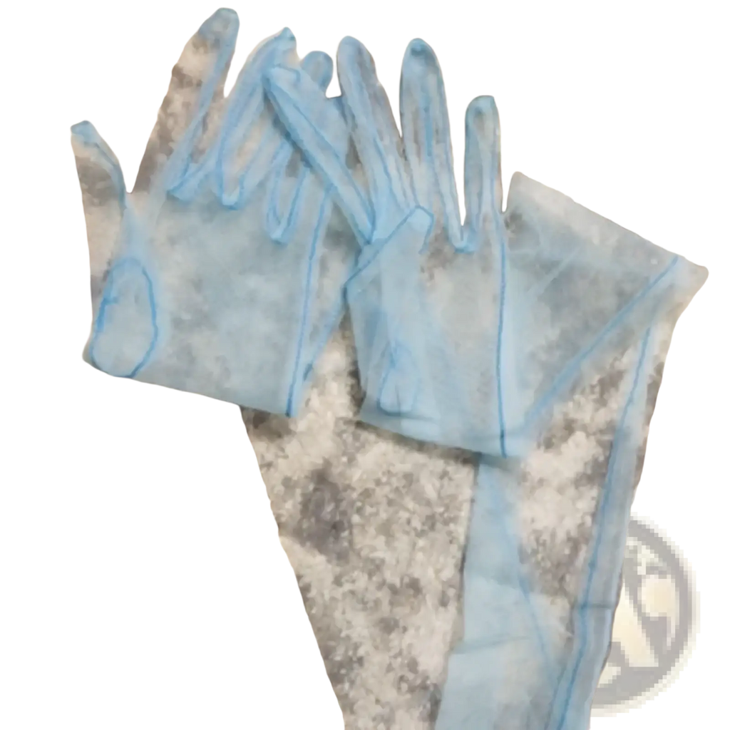 Sheer long mesh gloves for women in light blue translucent material with visible stitching along the edges