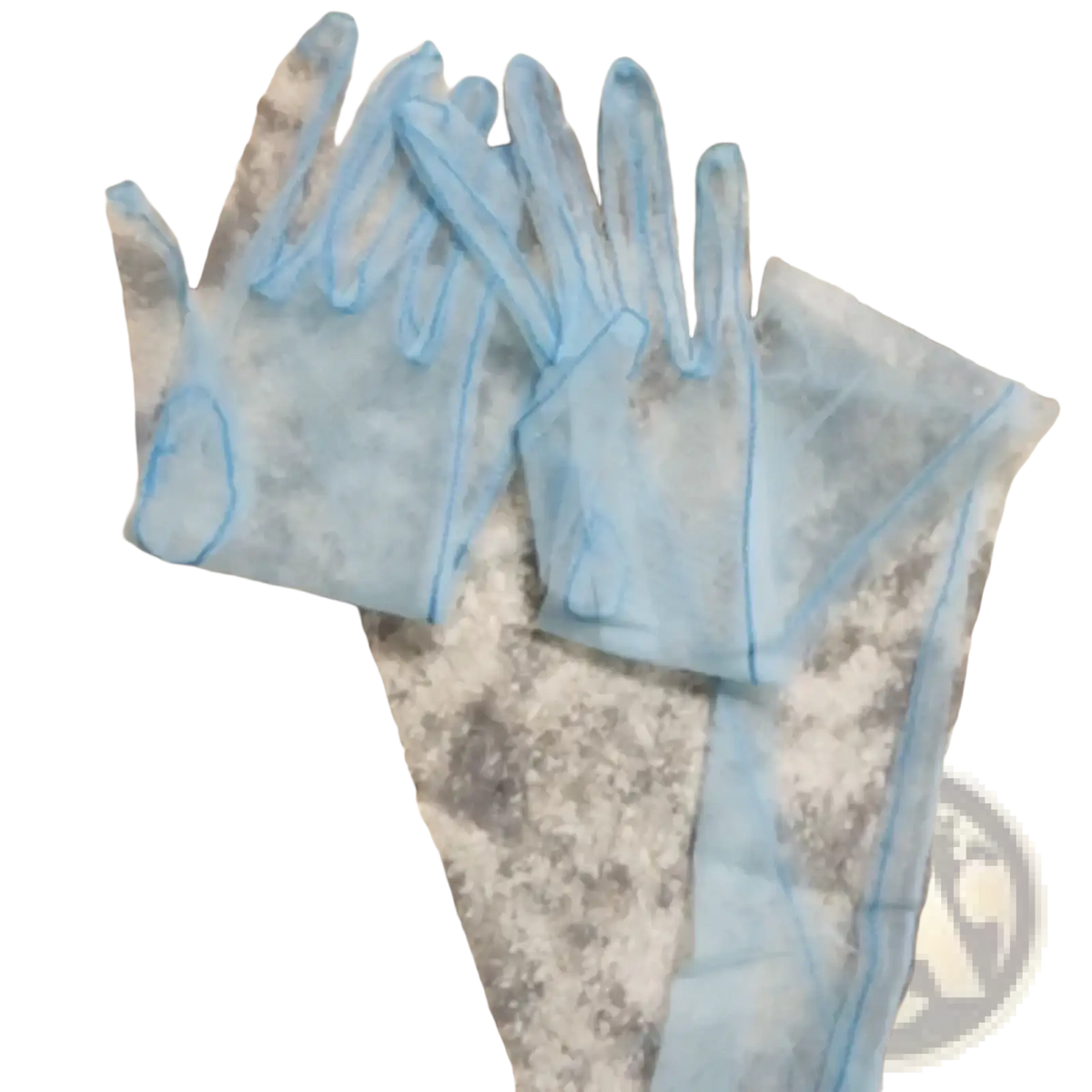 Sheer long mesh gloves for women in light blue translucent material with visible stitching along the edges