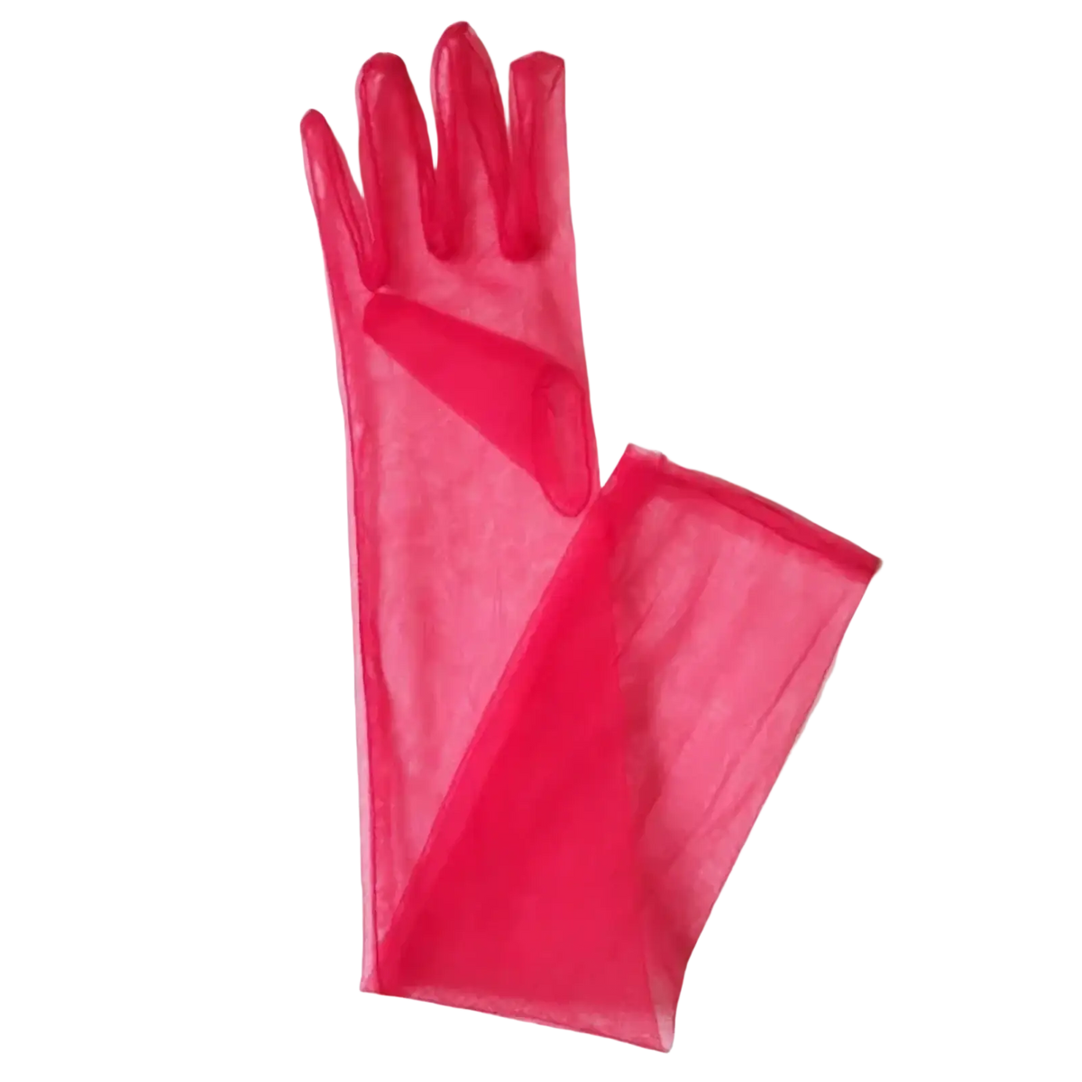 A pair of sheer long pink mesh gloves for women featuring a delicate and elegant design