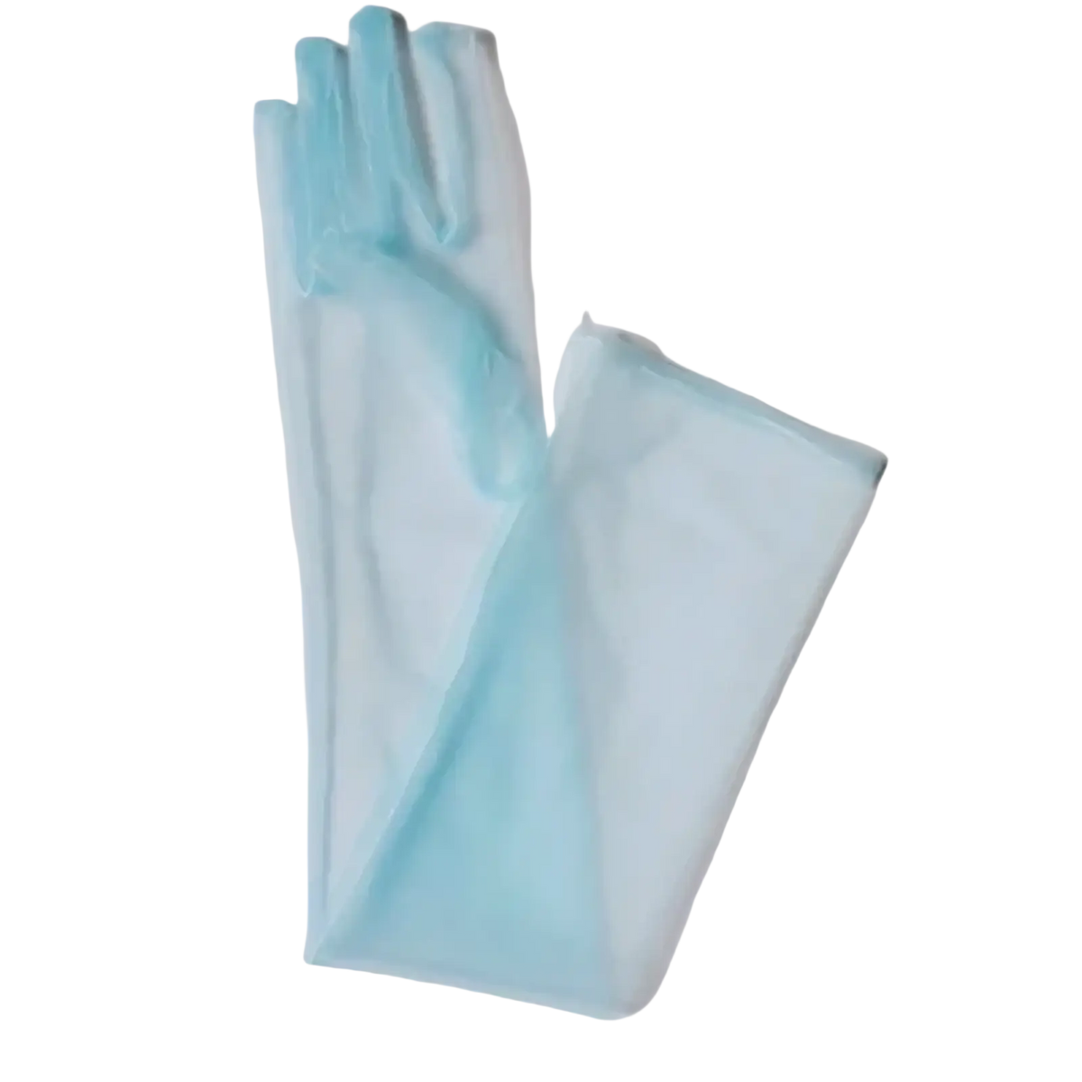 A pair of delicate light blue sheer long mesh gloves for women with a soft flowing texture