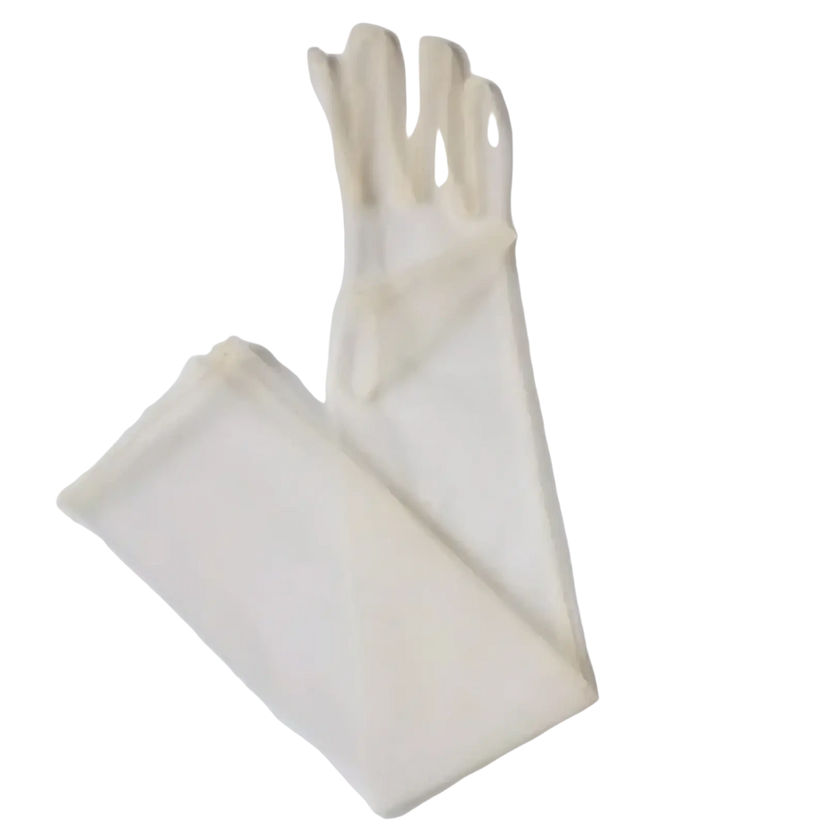 A pair of elegant ivory sheer long mesh gloves for women featuring a delicate flowing design
