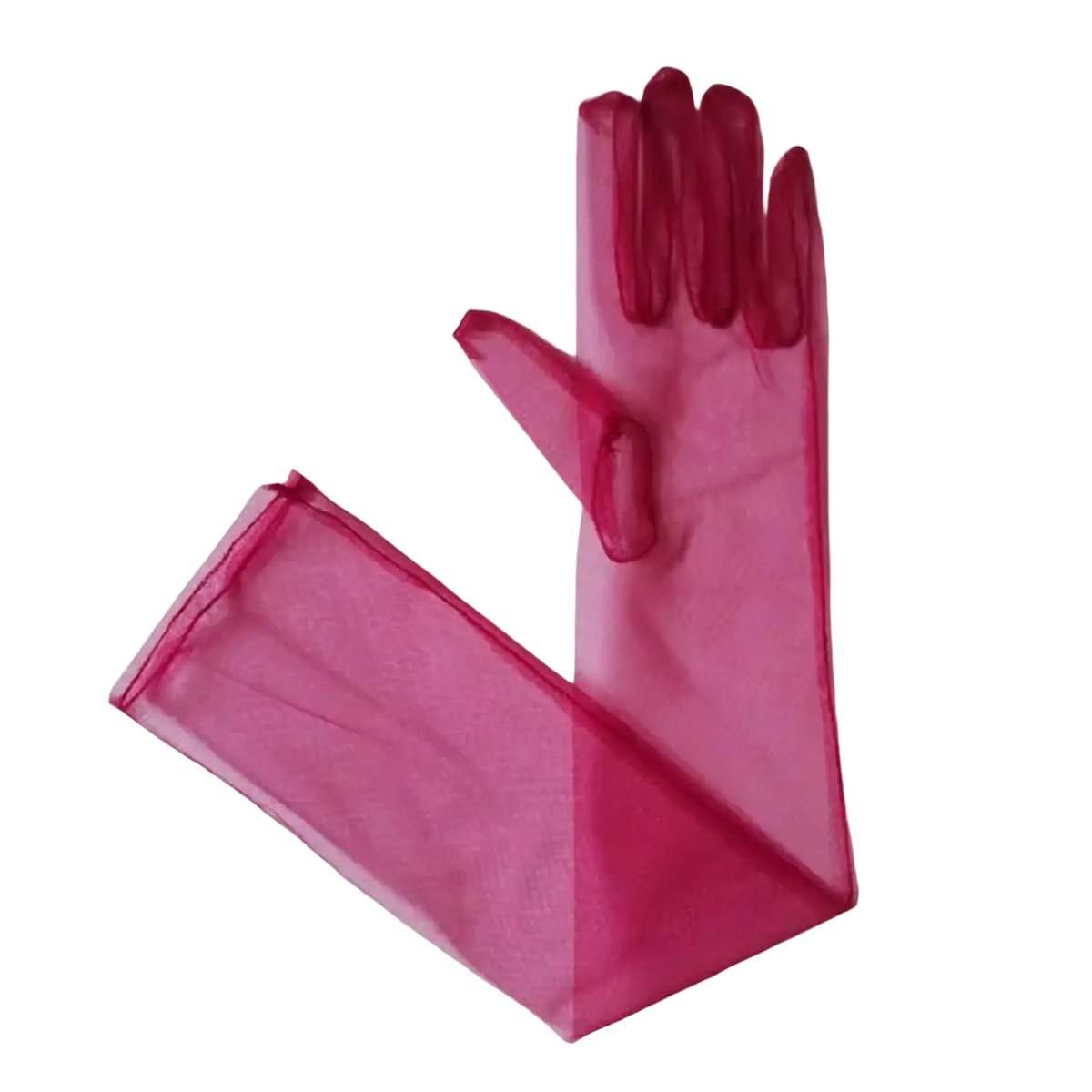 Sheer long mesh gloves for women in fuchsia with a delicate translucent texture and long sleeves