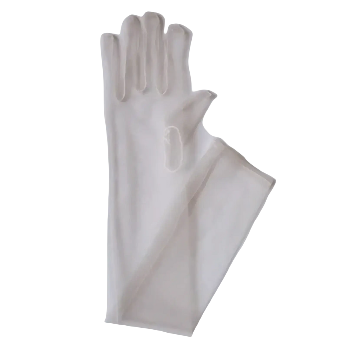 A pair of sheer long off-white mesh gloves for women made of delicate translucent fabric showing the back side