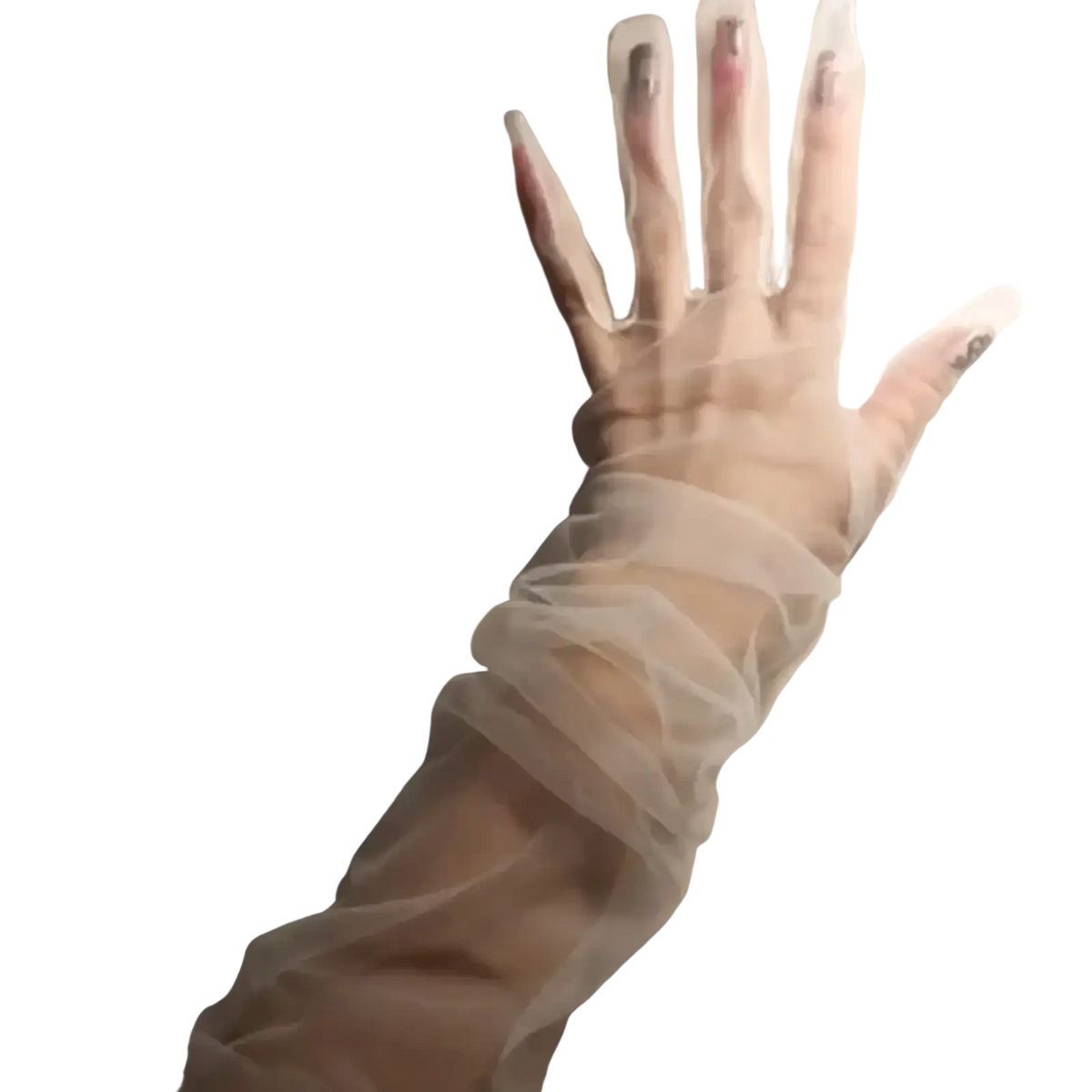 Sheer long mesh gloves for women in pale beige tulle with ruffled layers extending below the elbow
