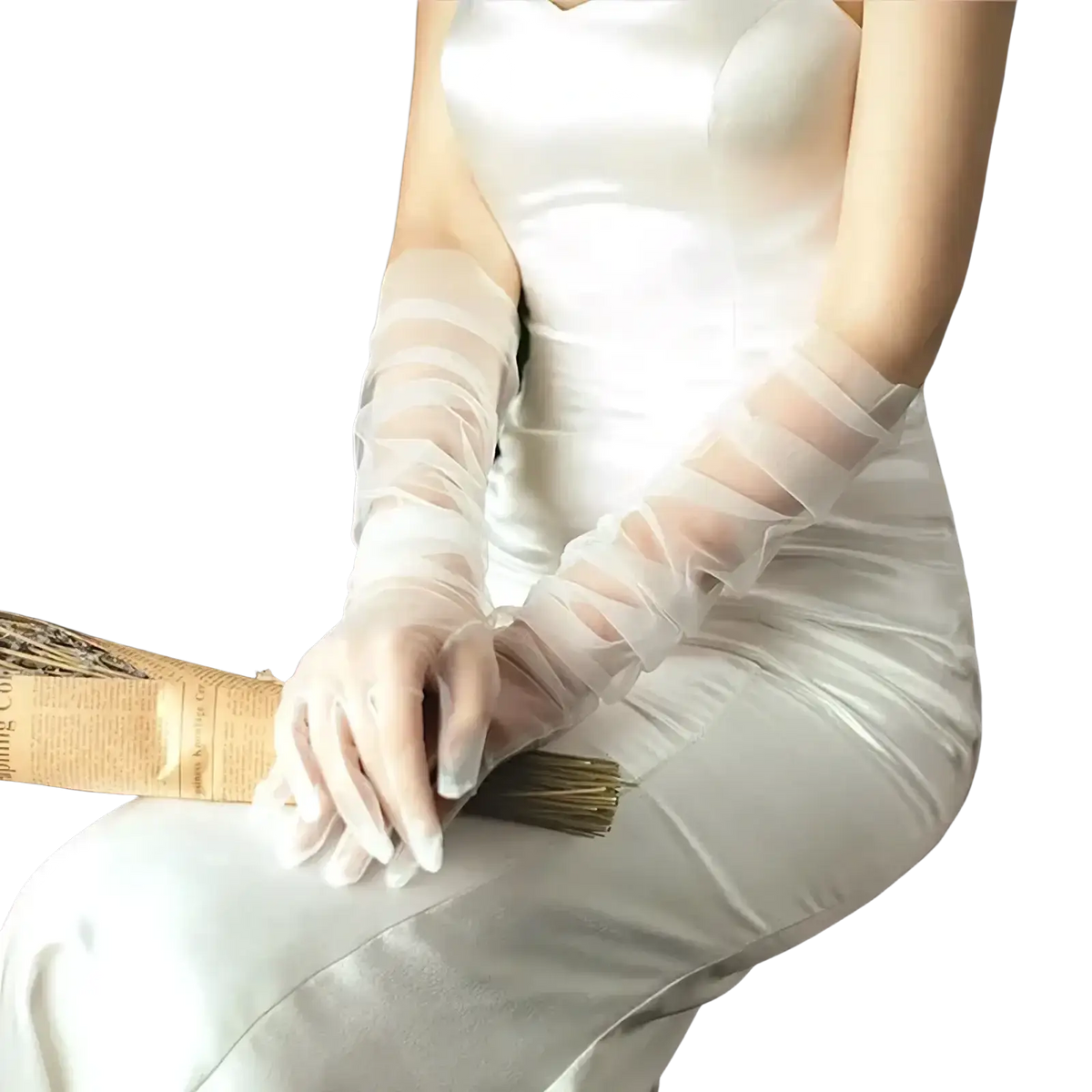 Sheer long mesh gloves for women made of white organza with ruffled tiers and a delicate elegant design