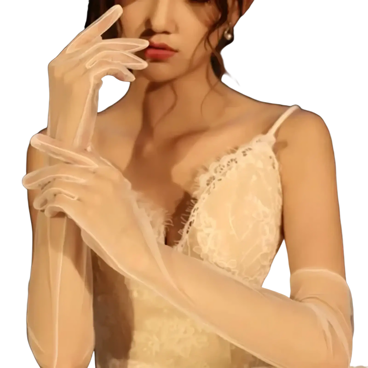 Sheer long white mesh gloves for women featuring delicate finger detailing in lace material