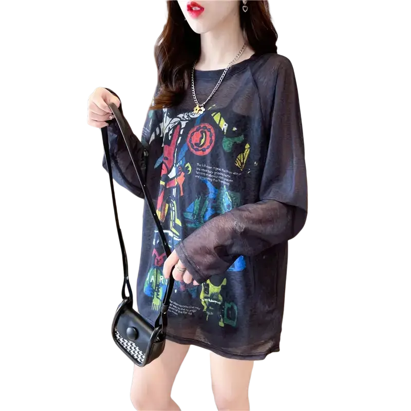 Black sheer long sleeve graphic print top with colorful layered design perfect for stylish casual wear