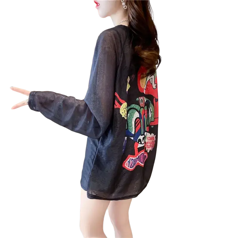 Black sheer long sleeve graphic print top featuring colorful cartoon design on lightweight material
