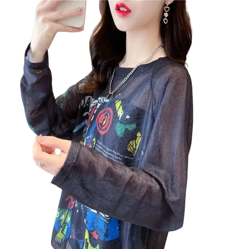 Dark gray sheer long sleeve top with colorful abstract graphic print for a stylish and lightweight look