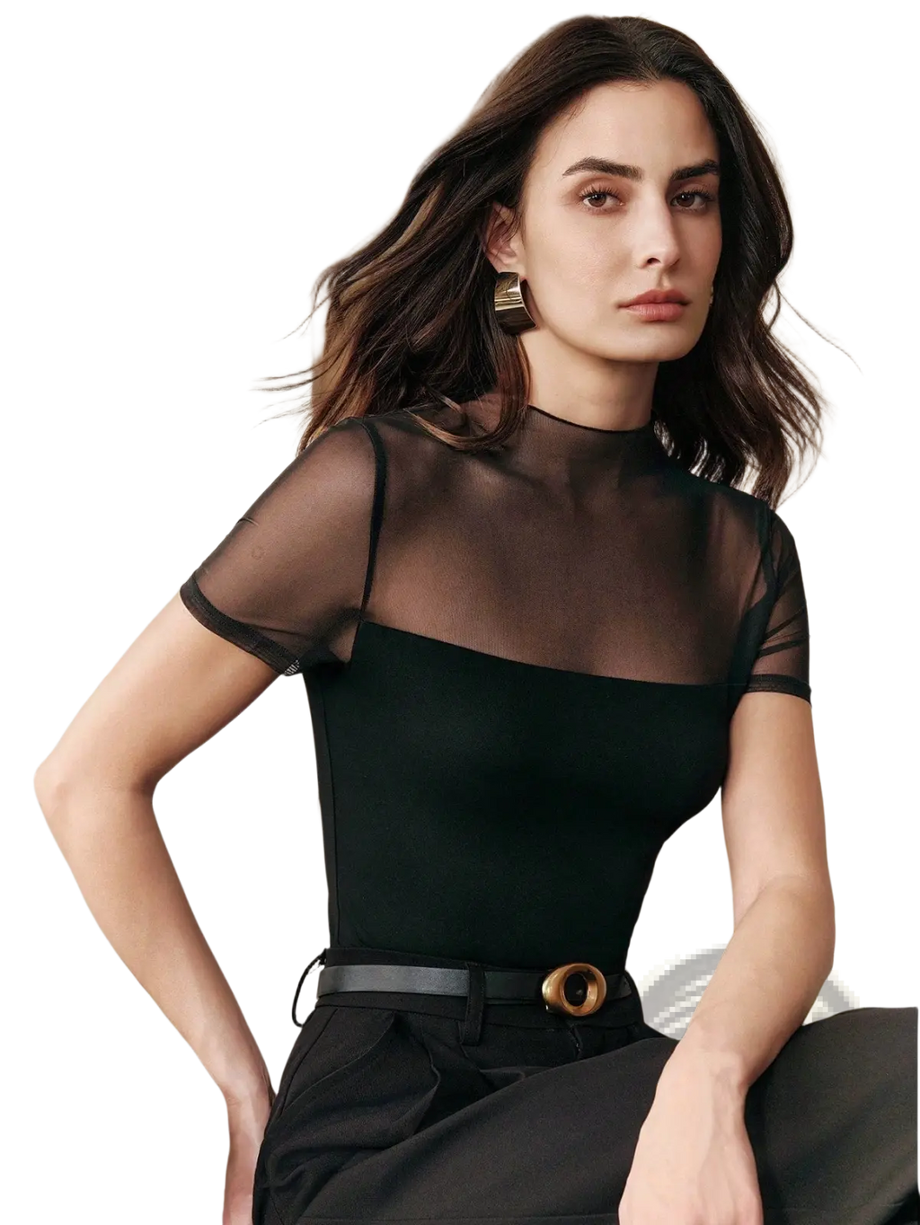 Black sheer mesh short sleeve top with high neckline made of lightweight breathable fabric for stylish layering