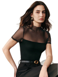 Black sheer mesh short sleeve top with high neckline made of lightweight breathable fabric for stylish layering