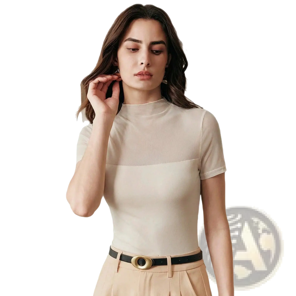 Beige sheer mesh short sleeve top with a high neckline and a mesh panel across the chest