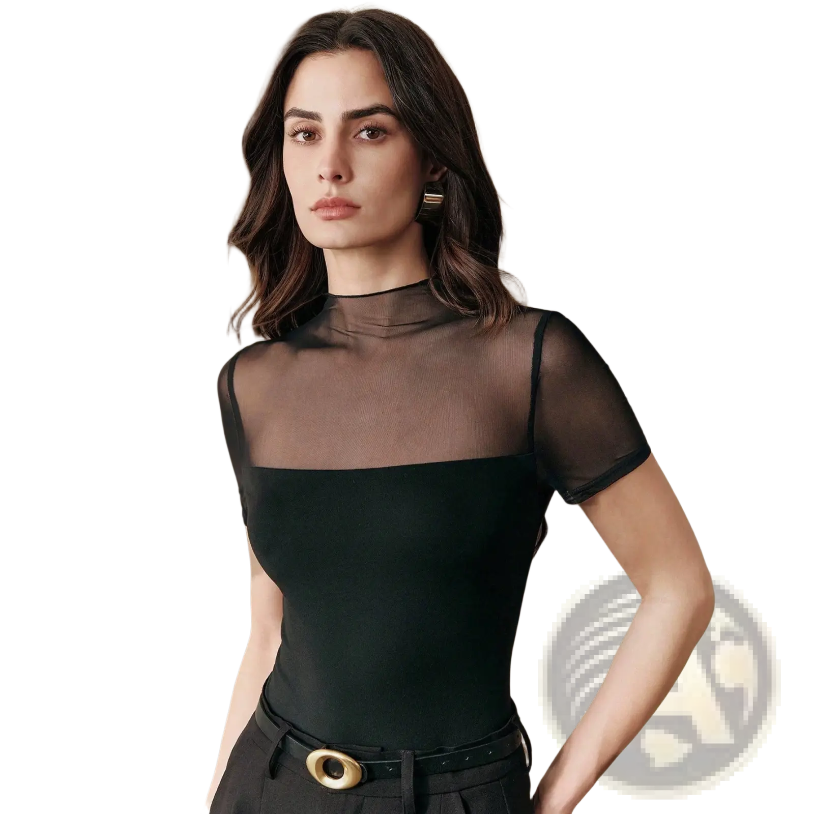 Black sheer mesh short sleeve top with high neckline made of transparent fabric for stylish layering