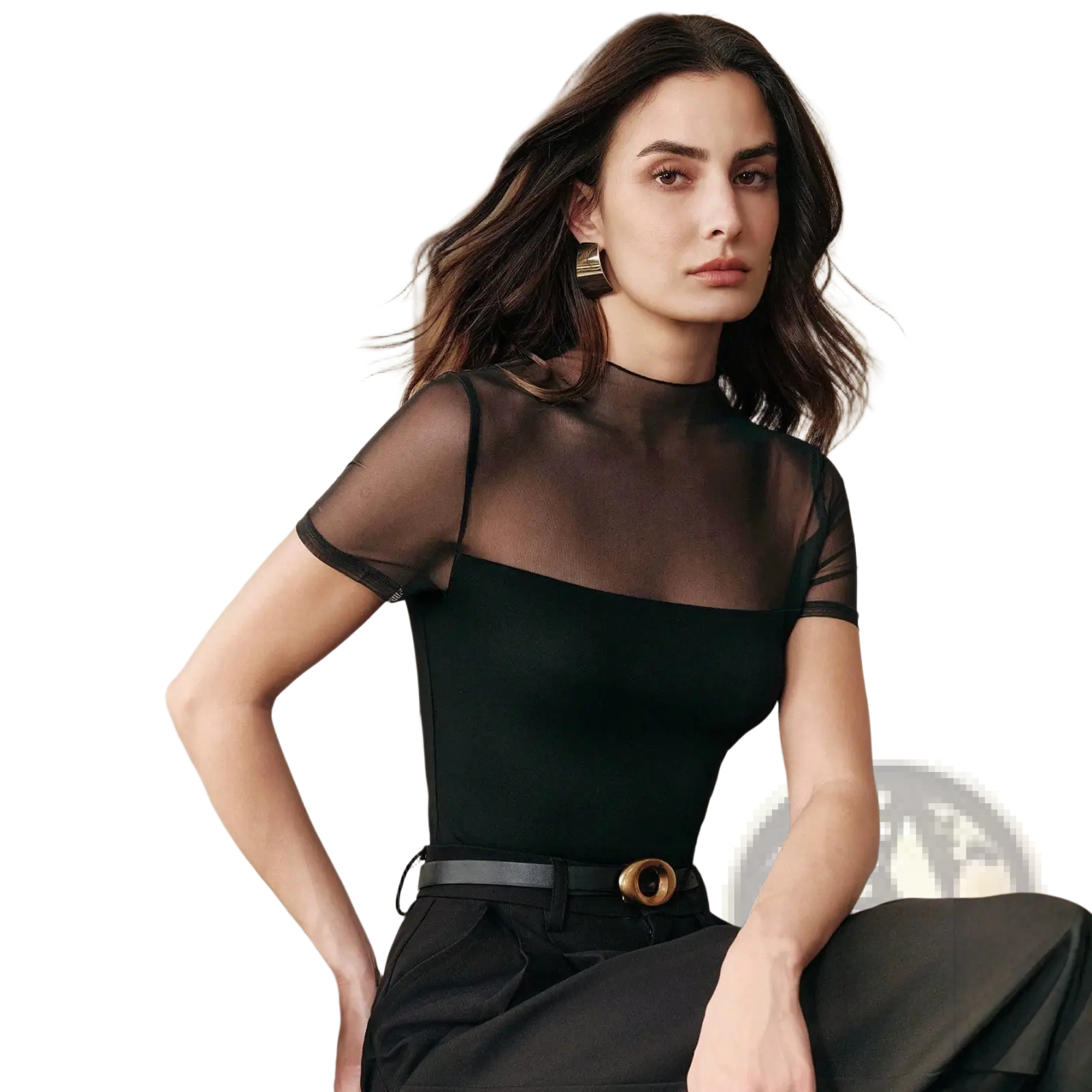 Black sheer mesh short sleeve top with high neckline made of lightweight breathable fabric for stylish layering