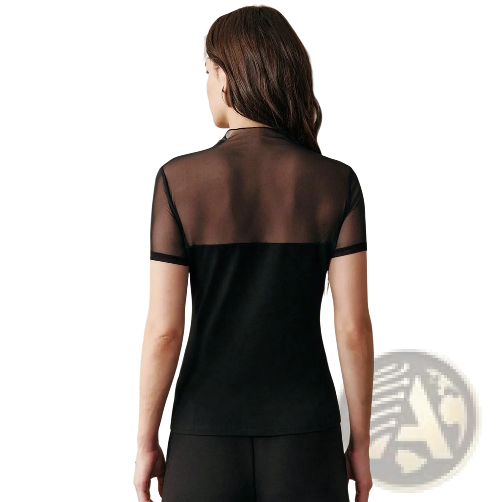 Black sheer mesh short sleeve top with high neckline showcasing lightweight breathable fabric design
