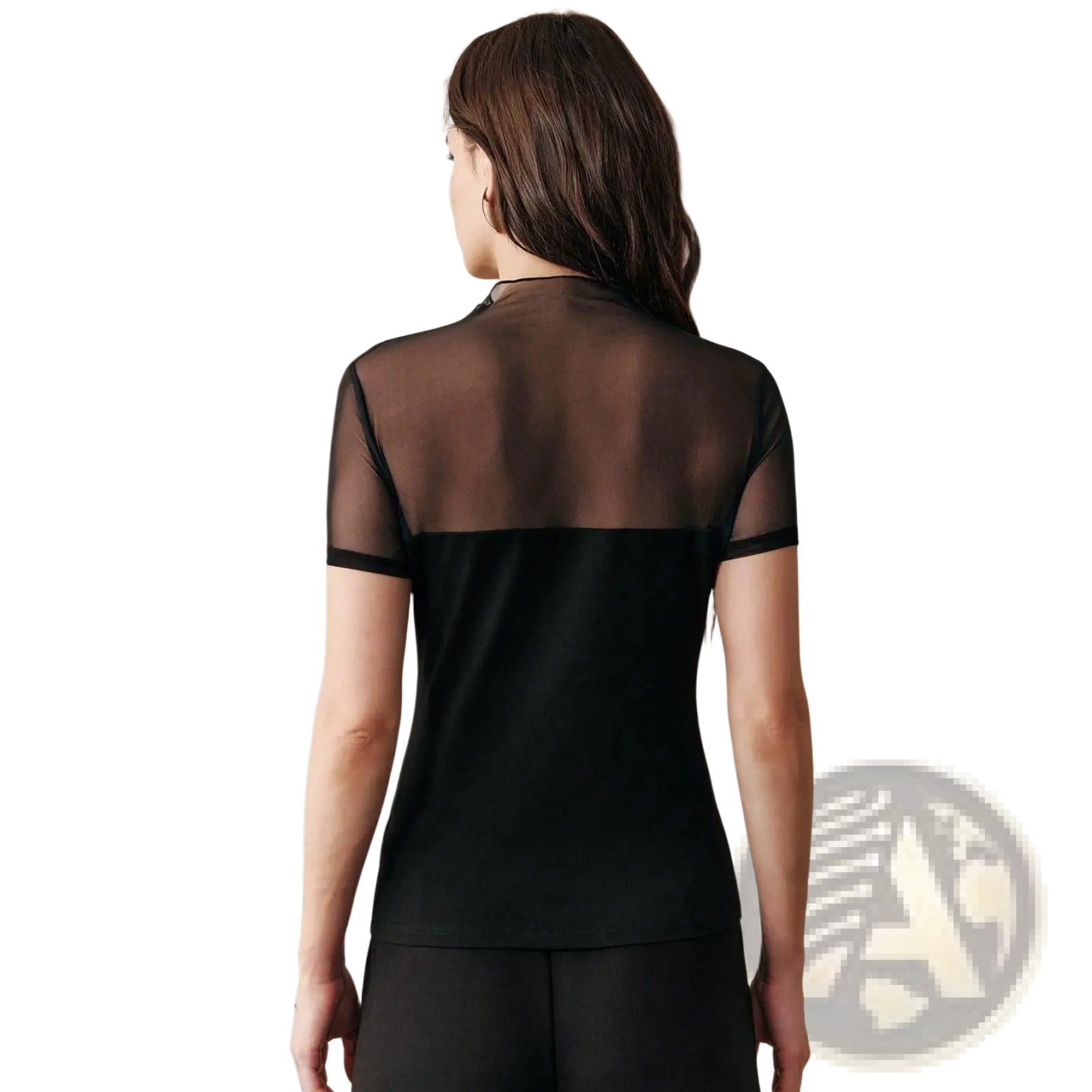 Black sheer mesh short sleeve top with high neckline showcasing lightweight breathable fabric design