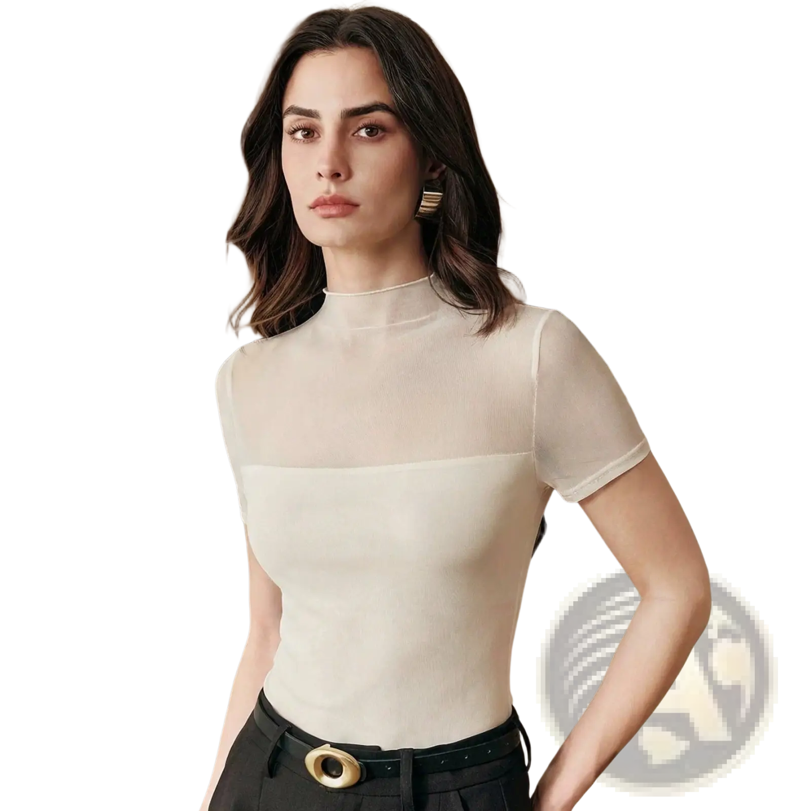 Sheer mesh short sleeve top in off-white with high neckline and lightweight breathable material