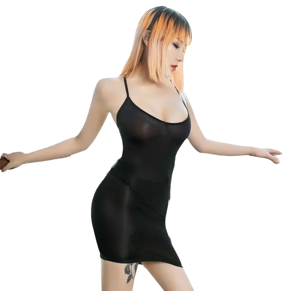 Black sheer mesh bodycon dress with thin spaghetti straps featuring a micro mini pencil skirt silhouette