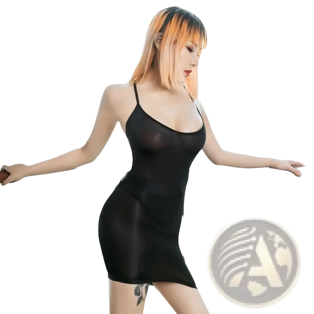 Black sheer mesh bodycon dress with thin spaghetti straps featuring a micro mini pencil skirt silhouette