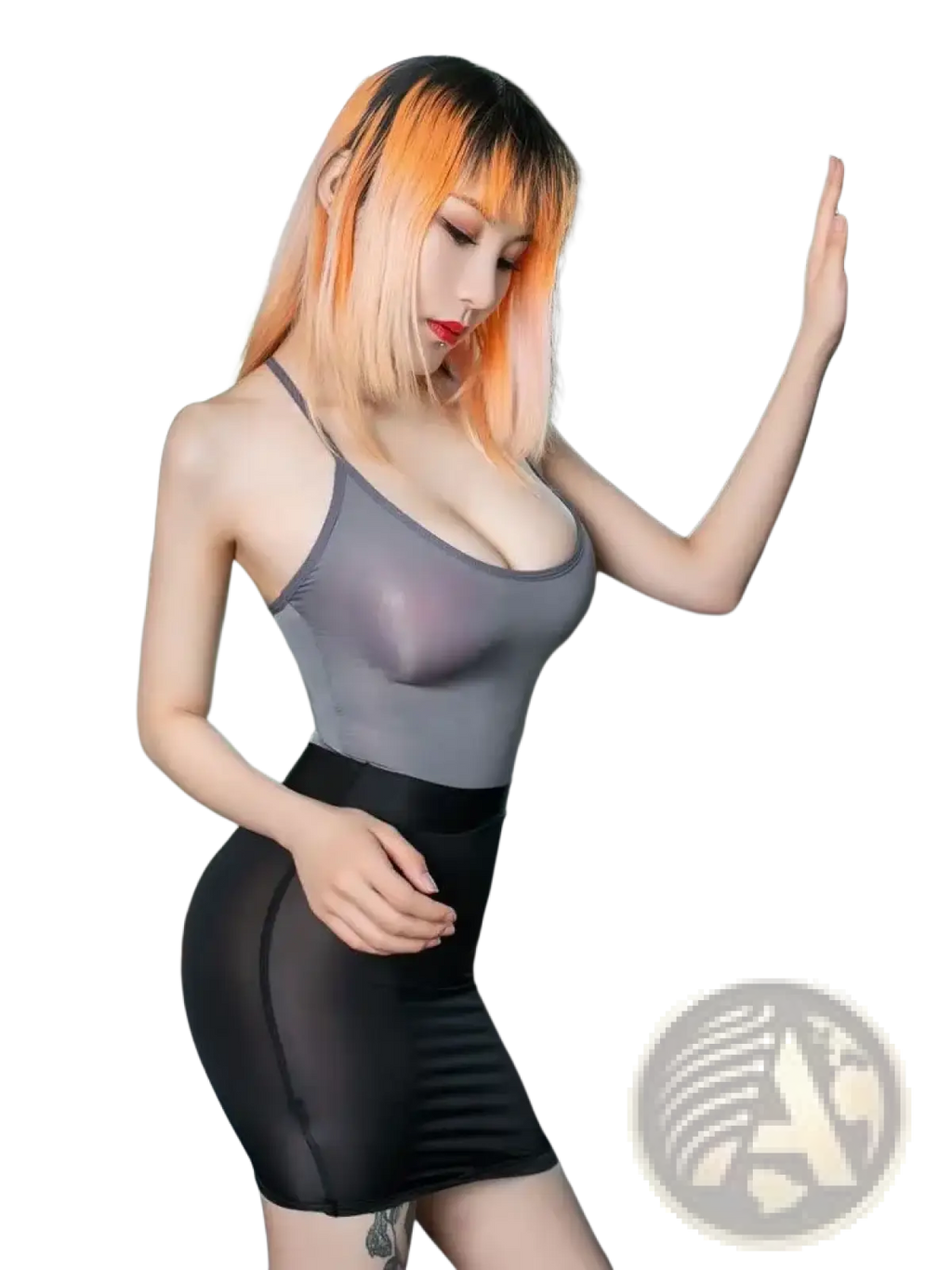 Gray sheer mesh bodysuit paired with black high-waisted sheer micro mini pencil skirt shown from front view