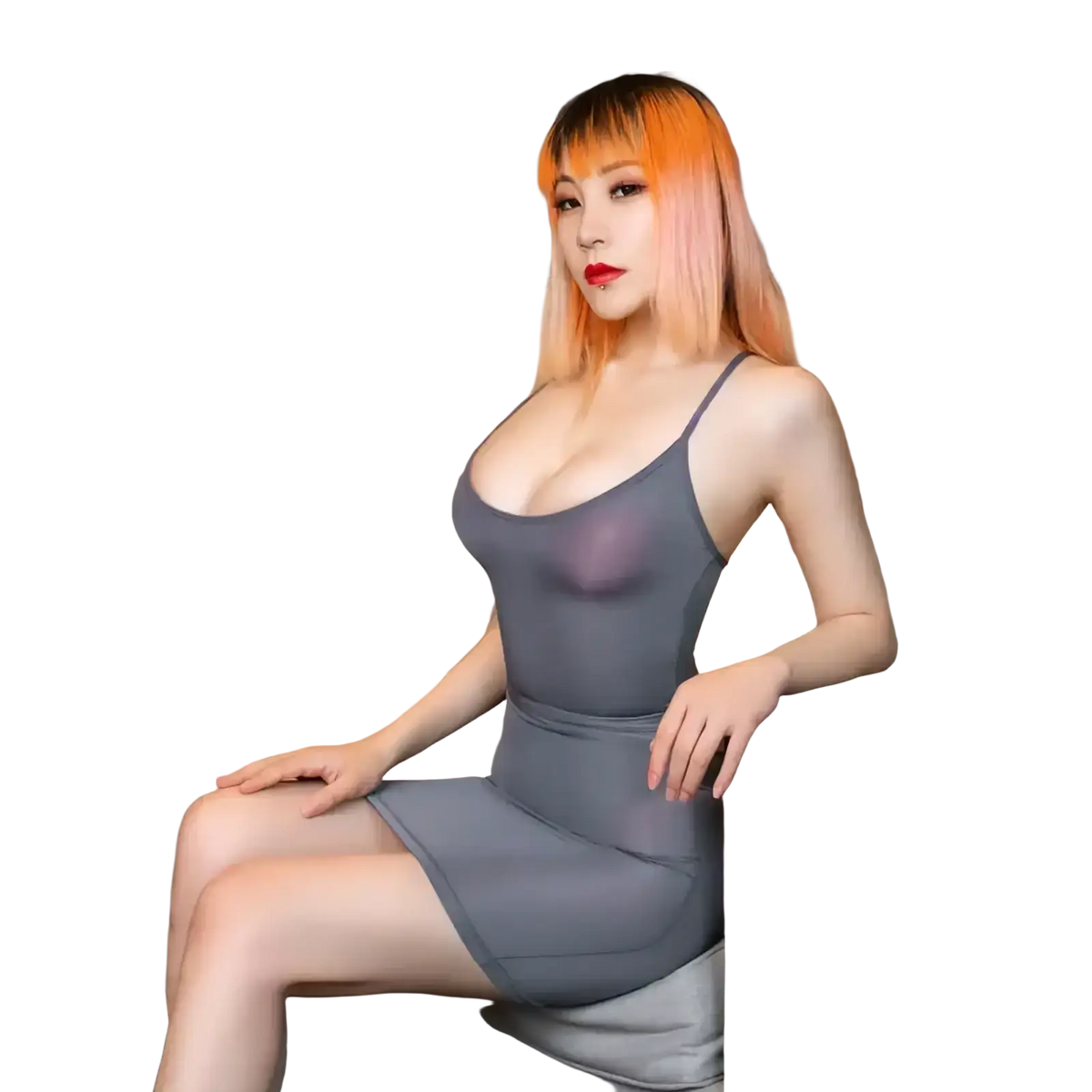 Sheer gray micro mini pencil skirt with fitted silhouette and high-waisted hem in a spaghetti strap dress style