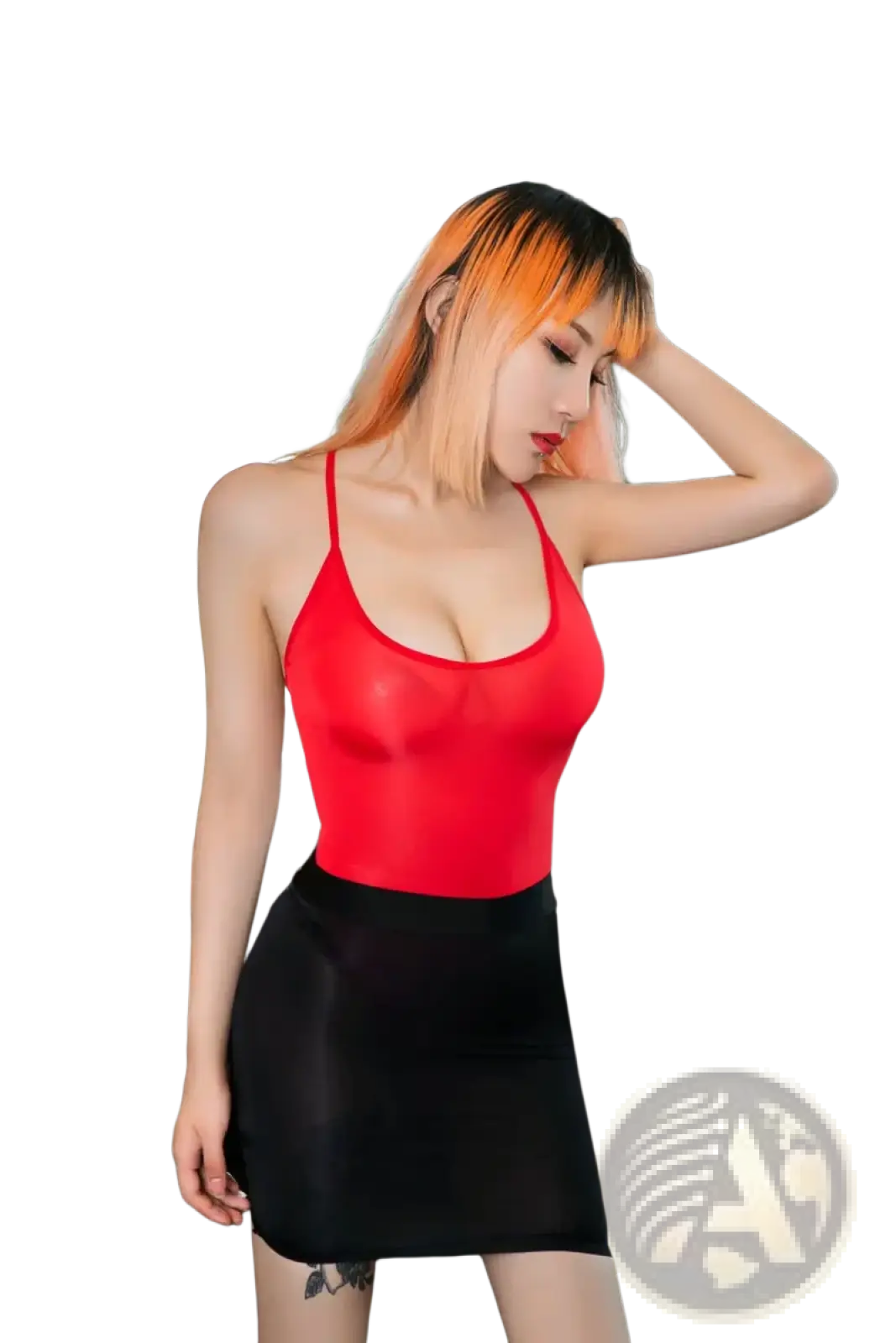 Red and black sheer micro mini pencil skirt two-piece outfit with thin straps showcasing front view