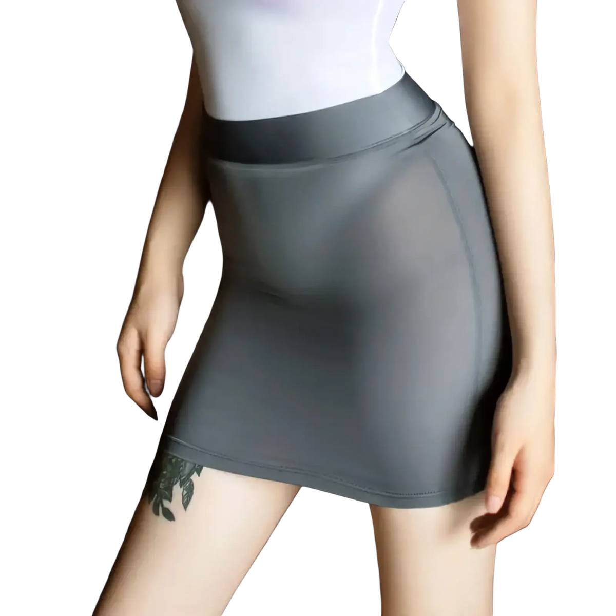A sleek gray sheer micro mini pencil skirt with high waistband and smooth stretchy fabric for a form-fitting look