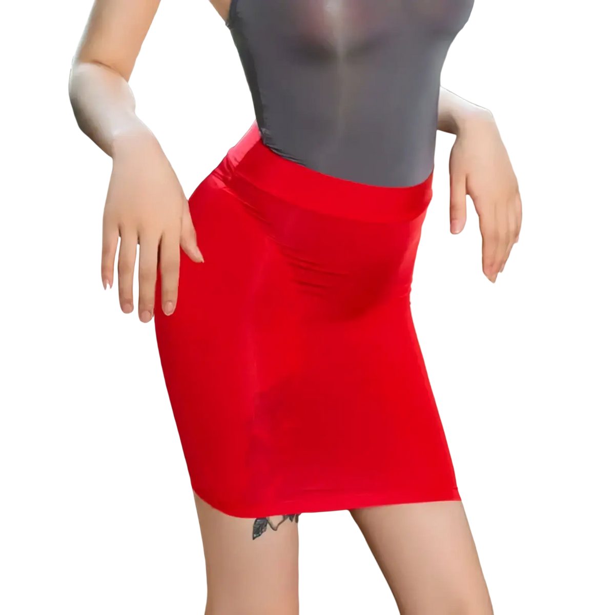 A vibrant red sheer micro mini pencil skirt with smooth stretchy fabric and a form-fitting silhouette