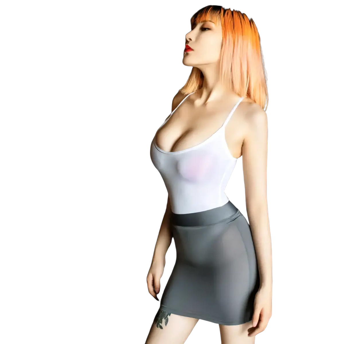 A sheer white tank top with a deep neckline and thin straps paired with a sheer micro mini pencil skirt