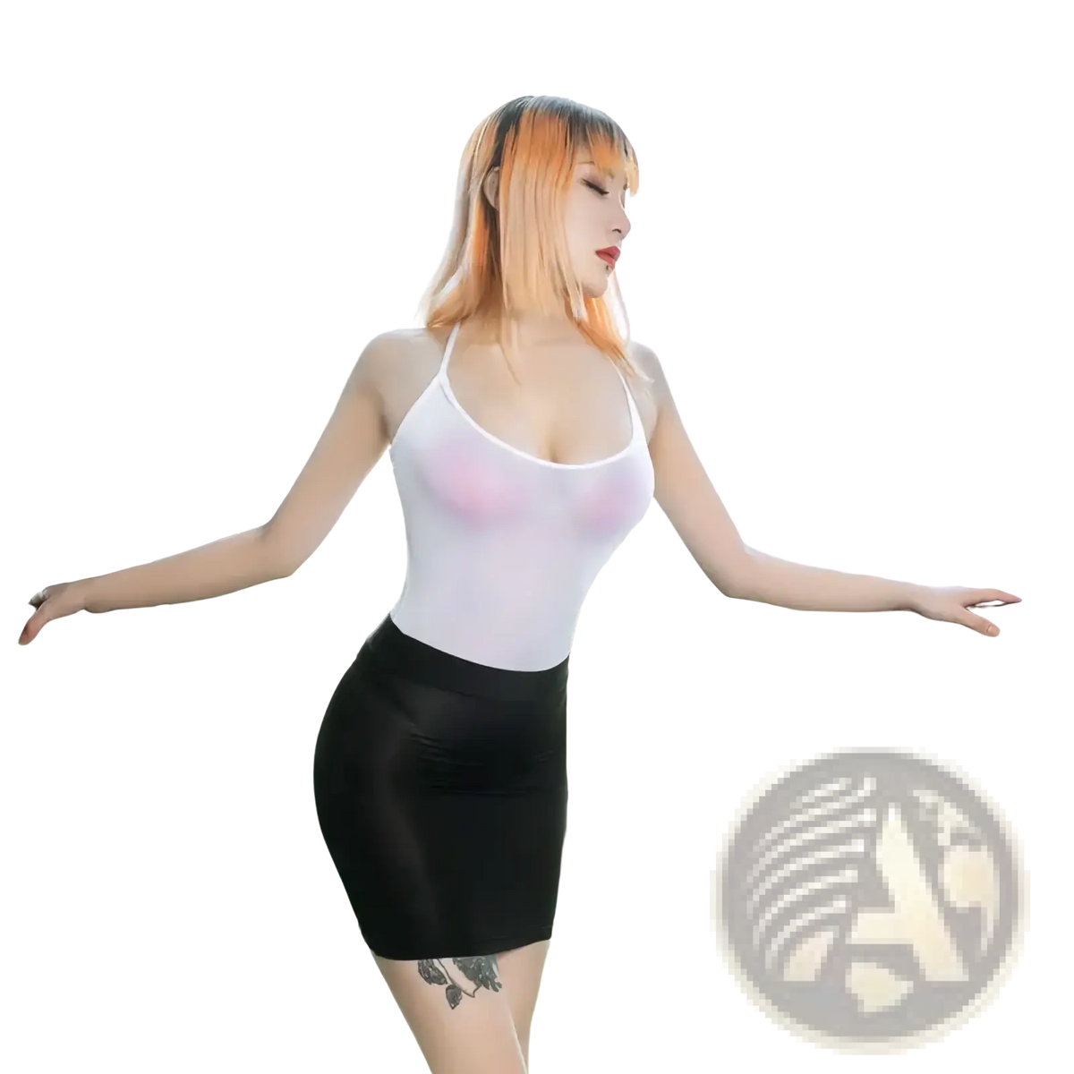 White sheer tank top paired with black sheer micro mini pencil skirt showcasing mesh fabric details