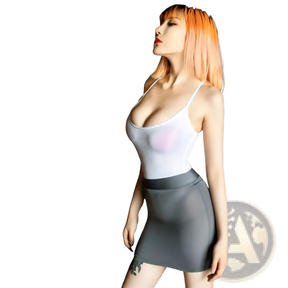 A sheer white tank top with a deep neckline and thin straps paired with a sheer micro mini pencil skirt
