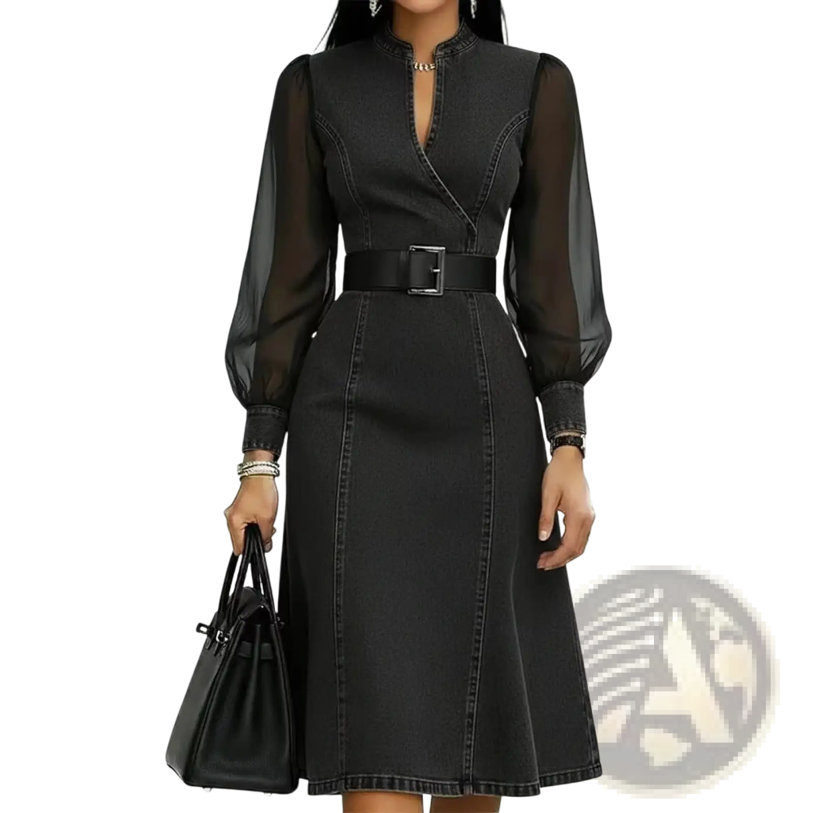 Black denim midi dress with sheer long sleeves and black belt featuring colorblock design
