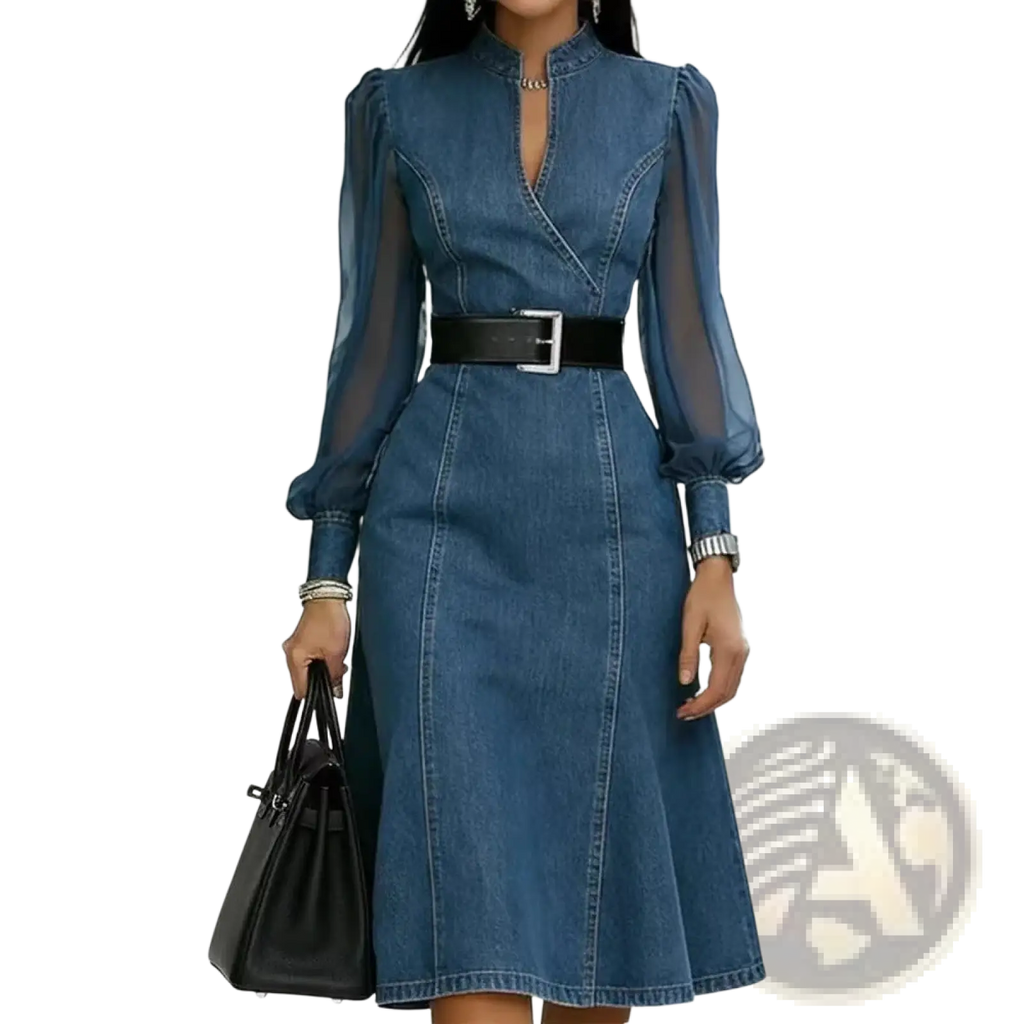 Blue denim midi dress with sheer puff sleeves and a black belt in a colorblock design for stylish occasions