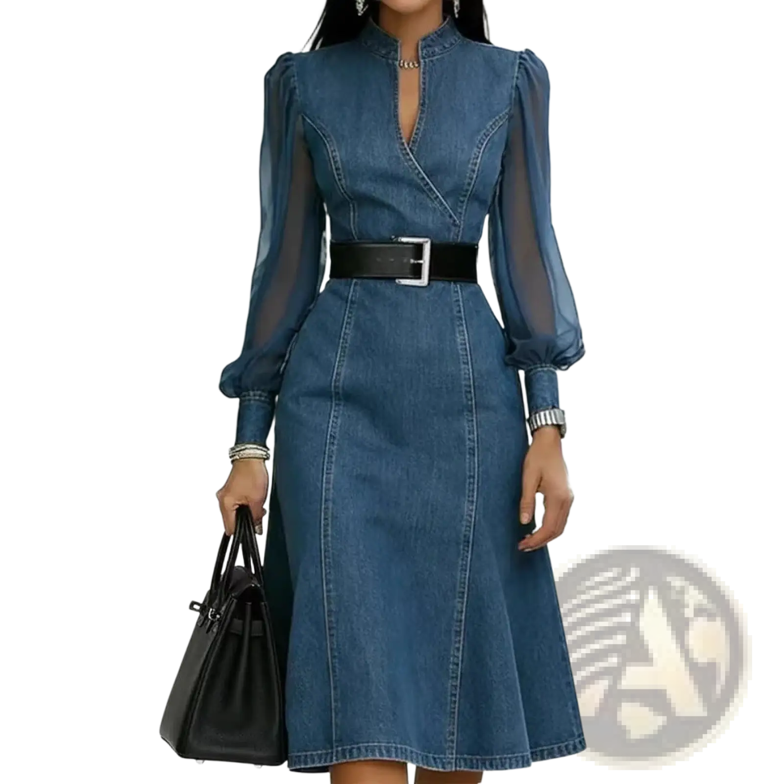 Blue denim midi dress with sheer puff sleeves and a black belt in a colorblock design for stylish occasions